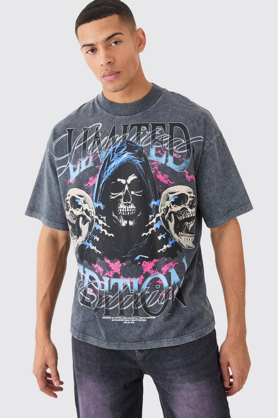 Charcoal Oversized Skull Graphic Limited Edition Heavyweight T-shirt image number 1