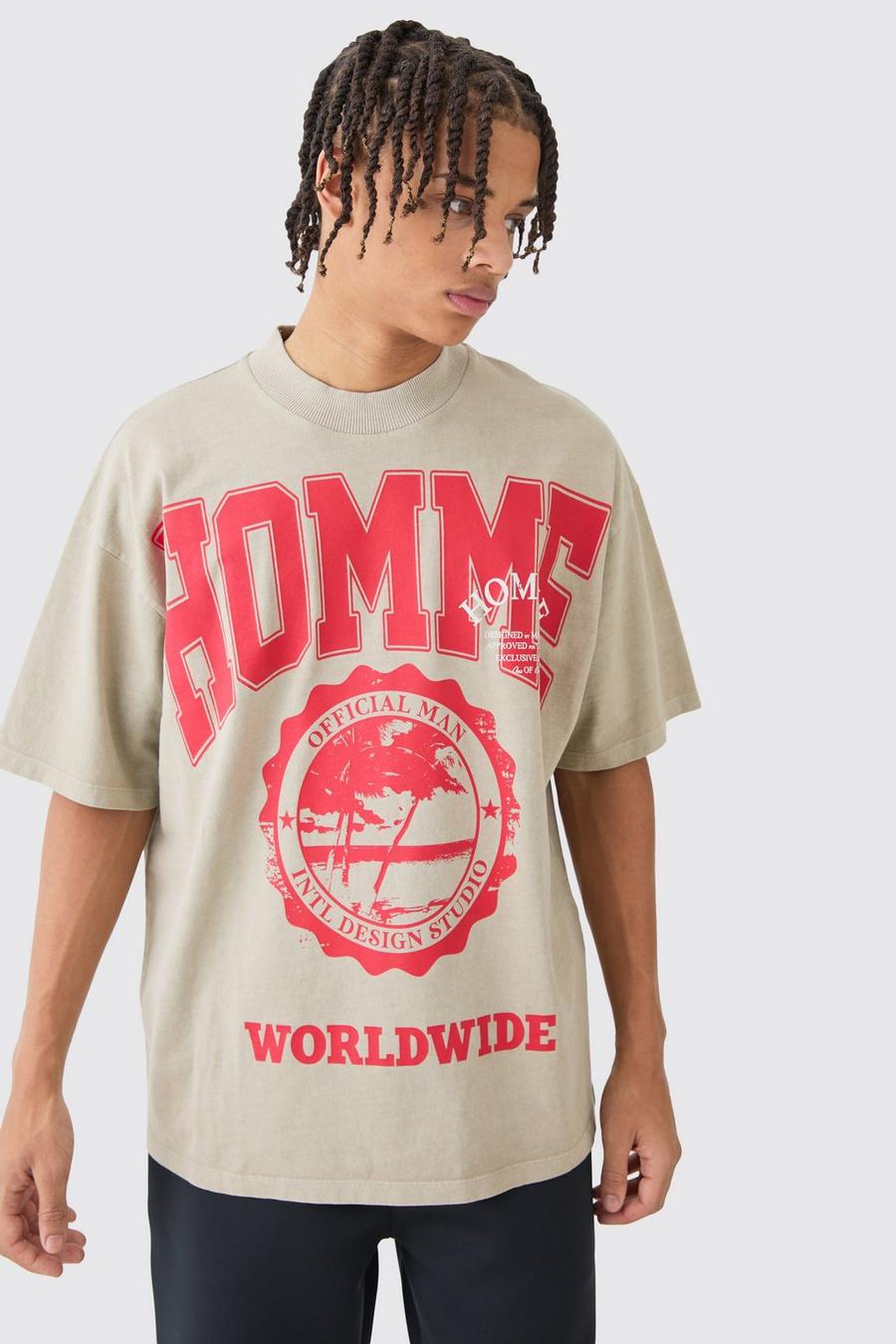 Camiseta oversize gruesa con estampado gráfico Homme, Stone image number 1
