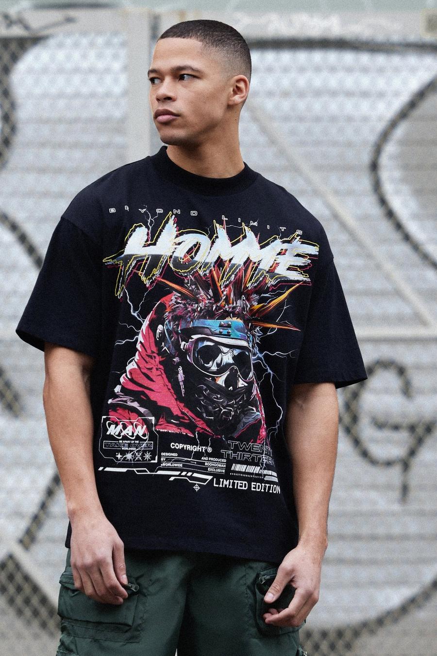 Black Oversized Homme Skull Graphic Heavyweight T-shirt image number 1