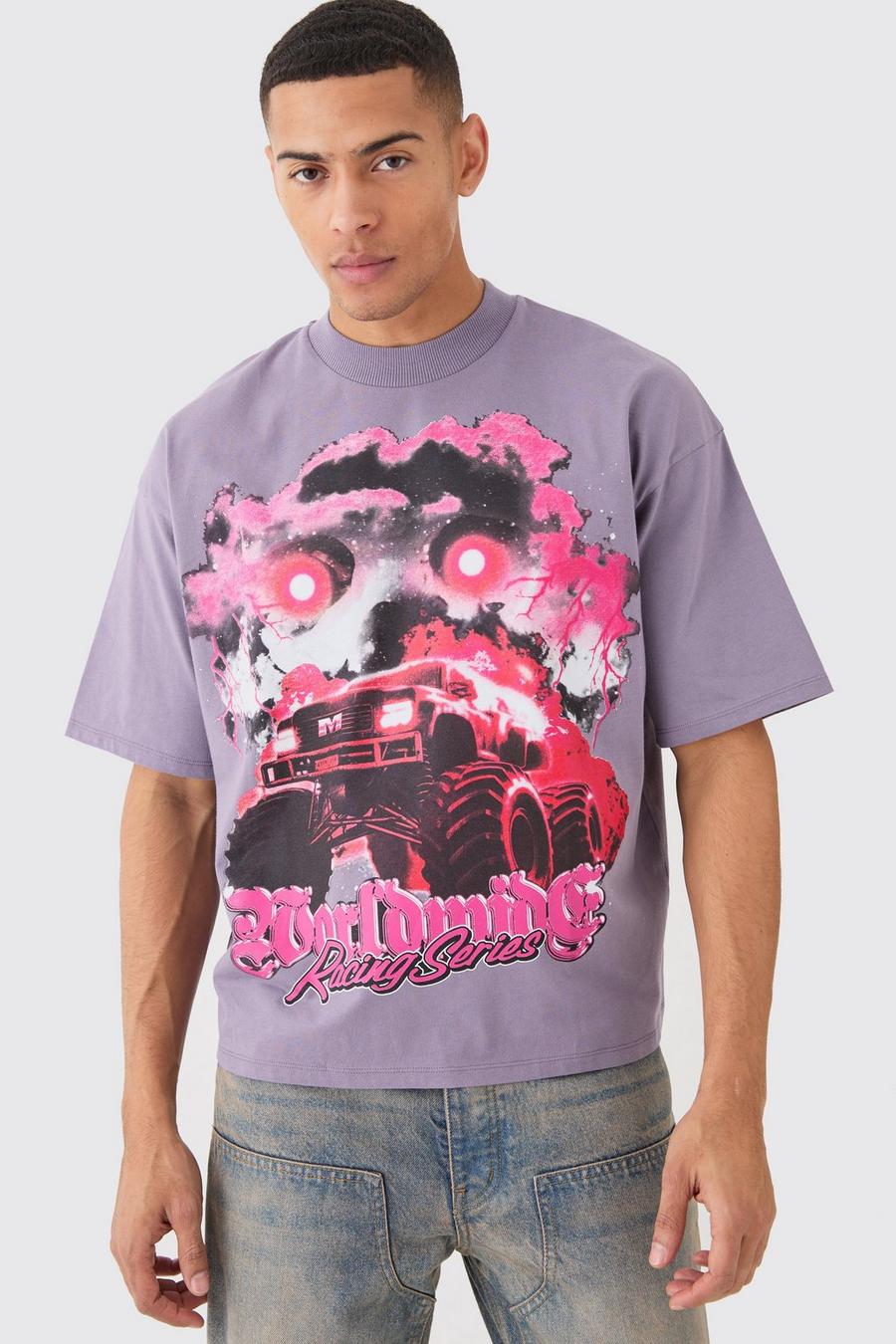 Purple Oversized Boxy Truck Graphic Heavyweight T-shirt