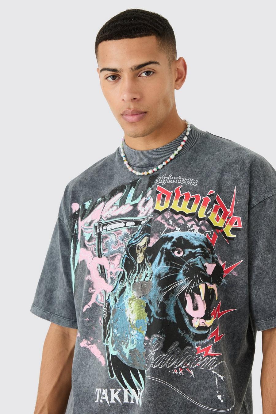 Kastiges Oversize T-Shirt mit Print, Charcoal image number 1