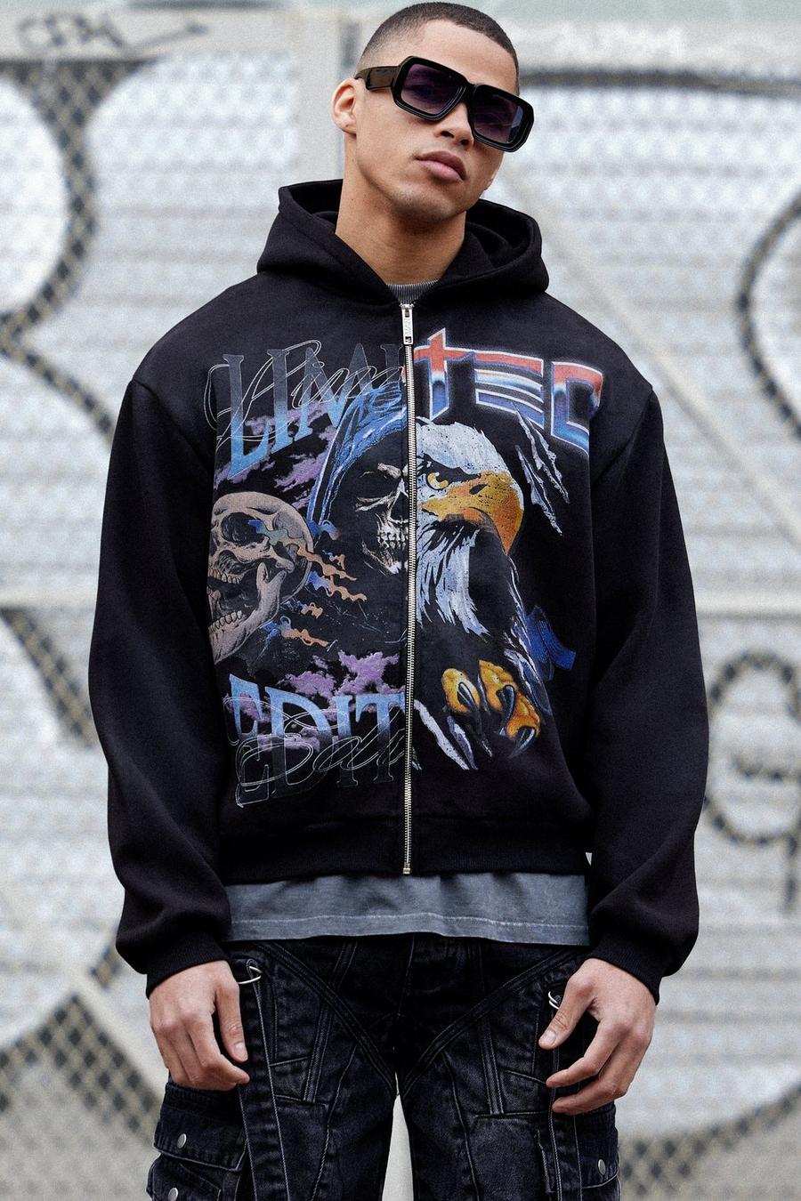 Black Oversized Boxy Zip Through Washed Graphic Hoodie image number 1