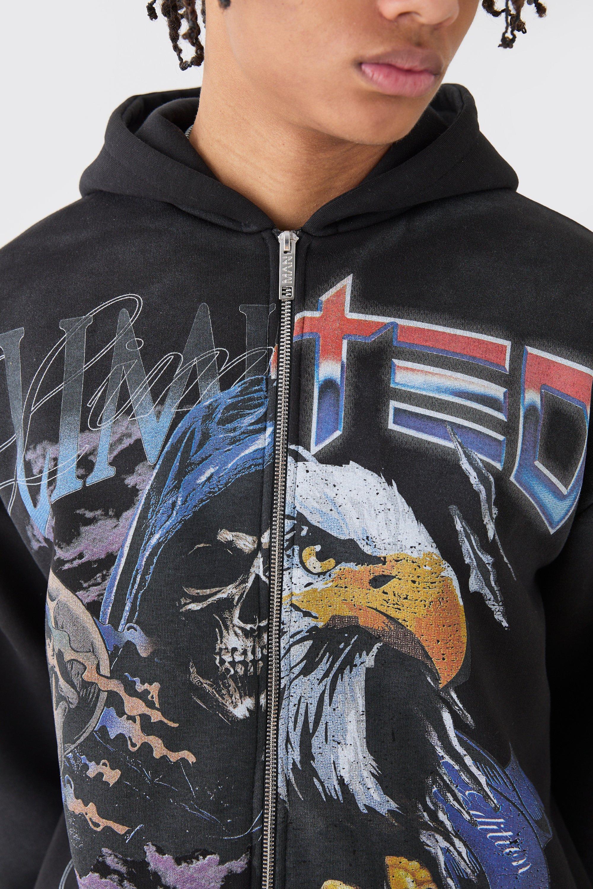 Oversized Boxy Zip Through Washed Graphic Hoodie | boohoo USA