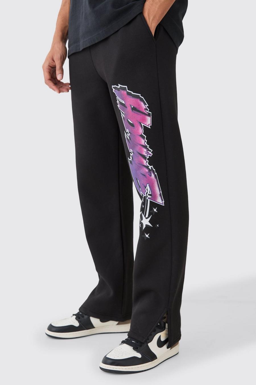 Pantalón deportivo con estampado gráfico Homme y abertura en el bajo, Black