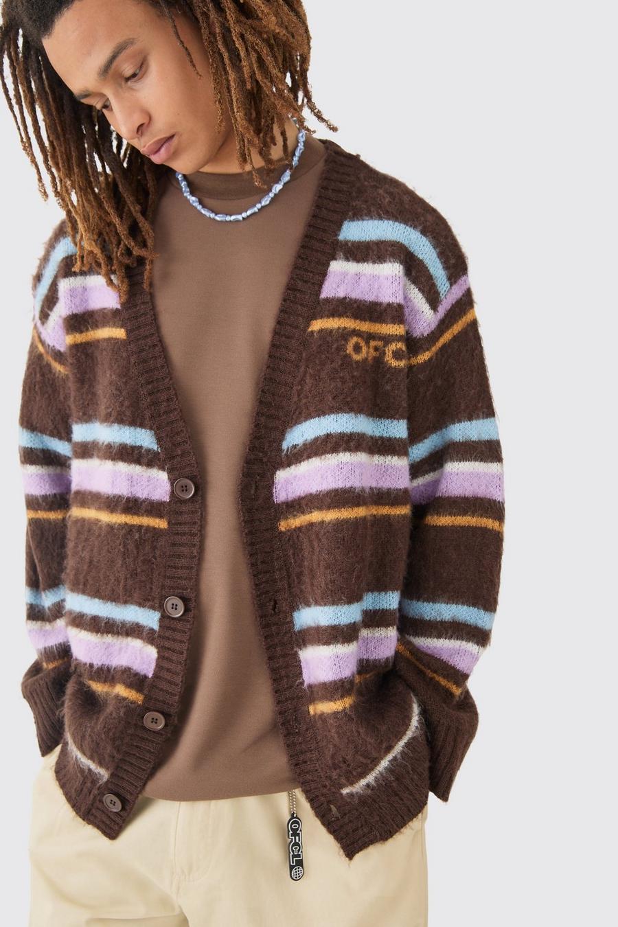 Boxy Fluffy Striped Knitted Cardigan In Chocolate