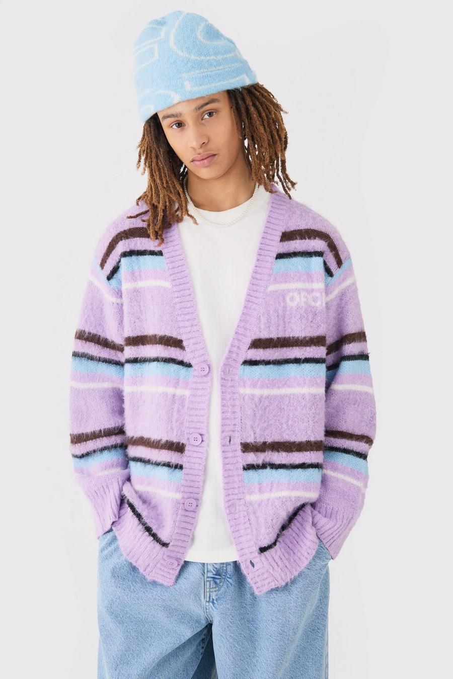 Boxy Fluffy Striped Knitted Cardigan In Lilac image number 1