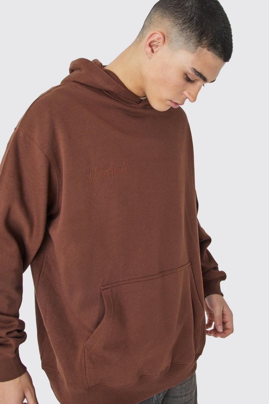 Chocolate Oversized Worldwide Embroidered Hoodie image number 1