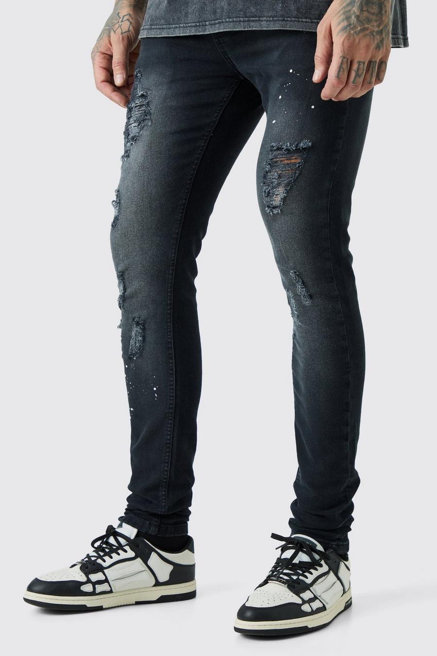Tall zerrissene Super Skinny Jeans mit Farbspritzern, Washed black