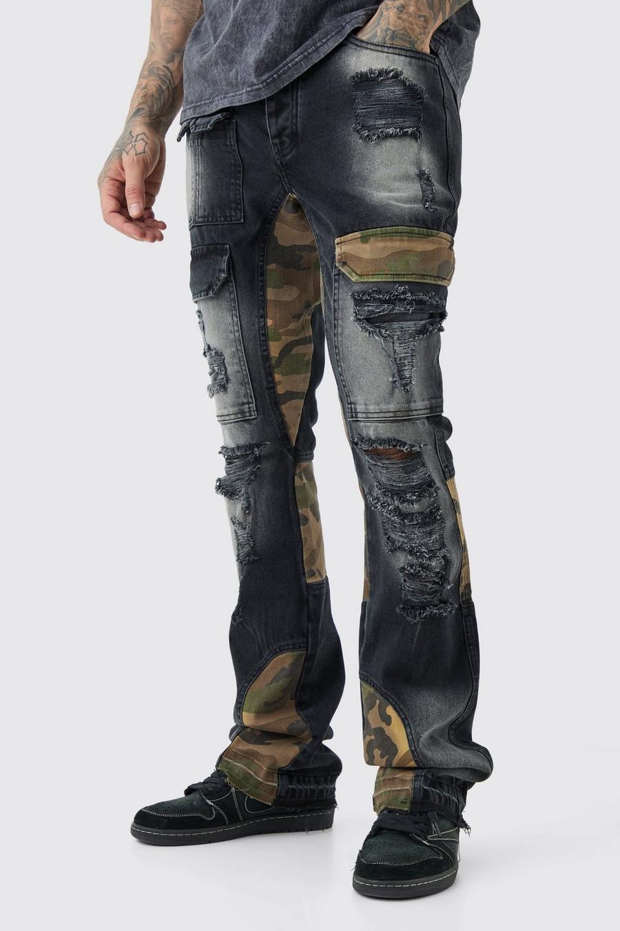 Jeans Cargo Tall Slim Fit in denim rigido in fantasia militare con rattoppi, Washed black