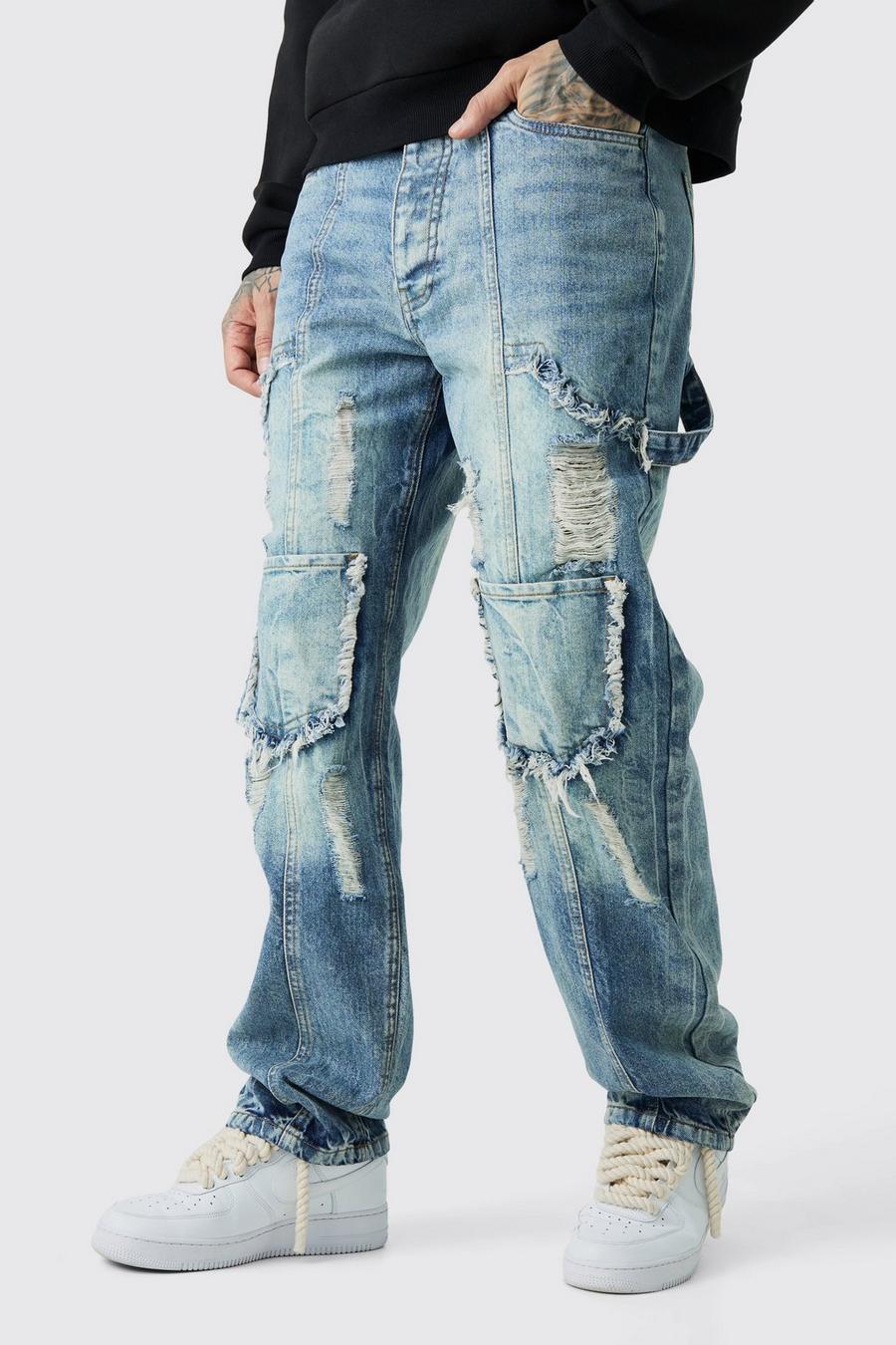 Jeans Cargo Tall rilassati in denim rigido con strappi, Antique blue