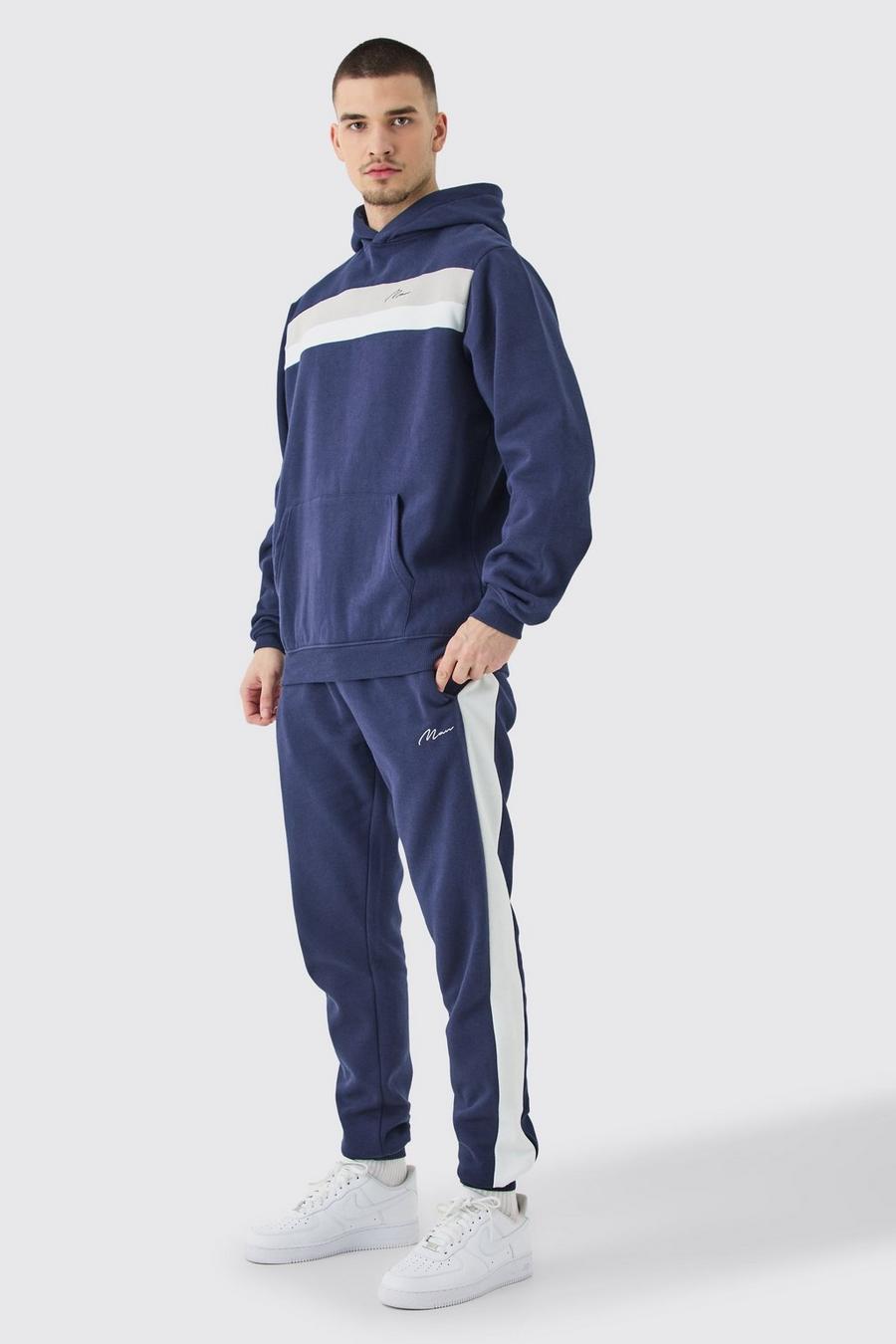 Navy Tall Man Signature Colour Block Hooded Tracksuit image number 1