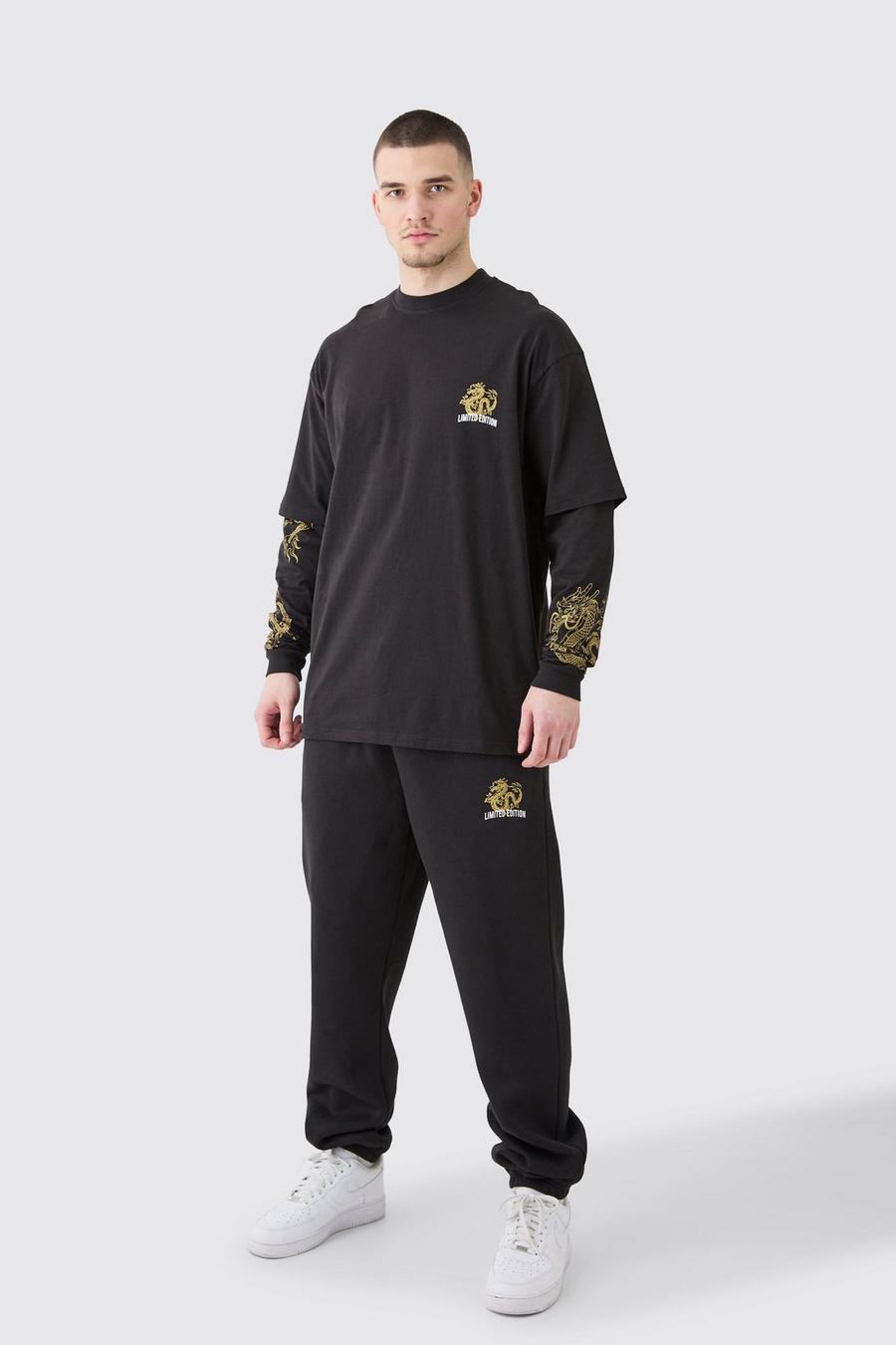 Chándal Tall oversize con camiseta y capa falsa con estampado de dragón, Black image number 1