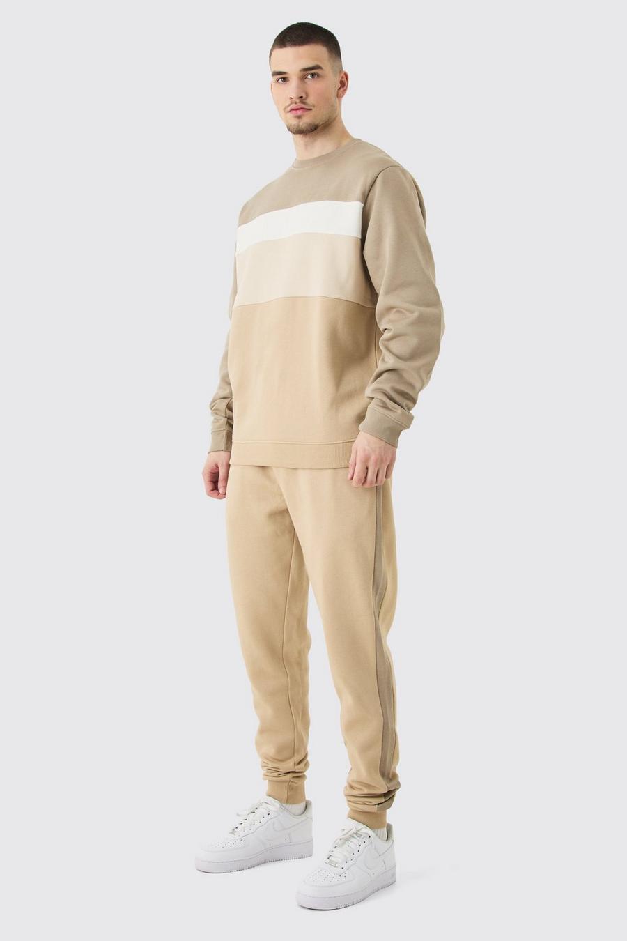 Beige Tall Core Colour Block Sweater Tracksuit image number 1
