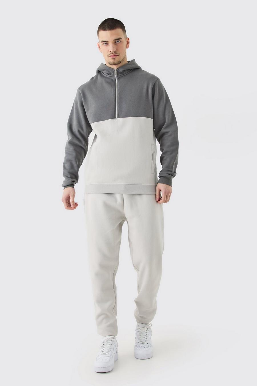 Tall Slim-Fit Colorblock Trainingsanzug mit Reißverschluss, Light grey image number 1