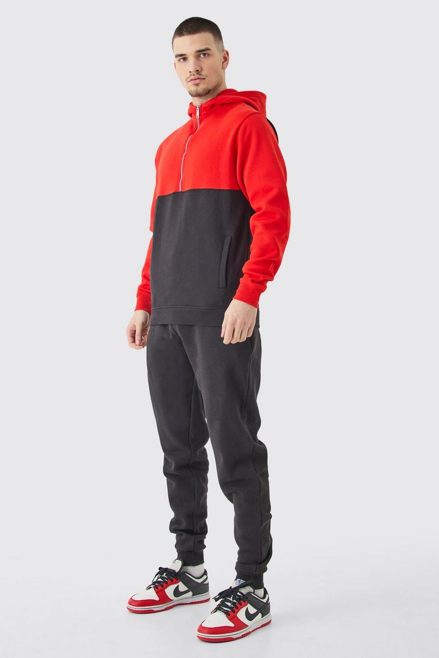 Red Tall Slim Fit Colour Block Half Zip Tracksuit image number 1