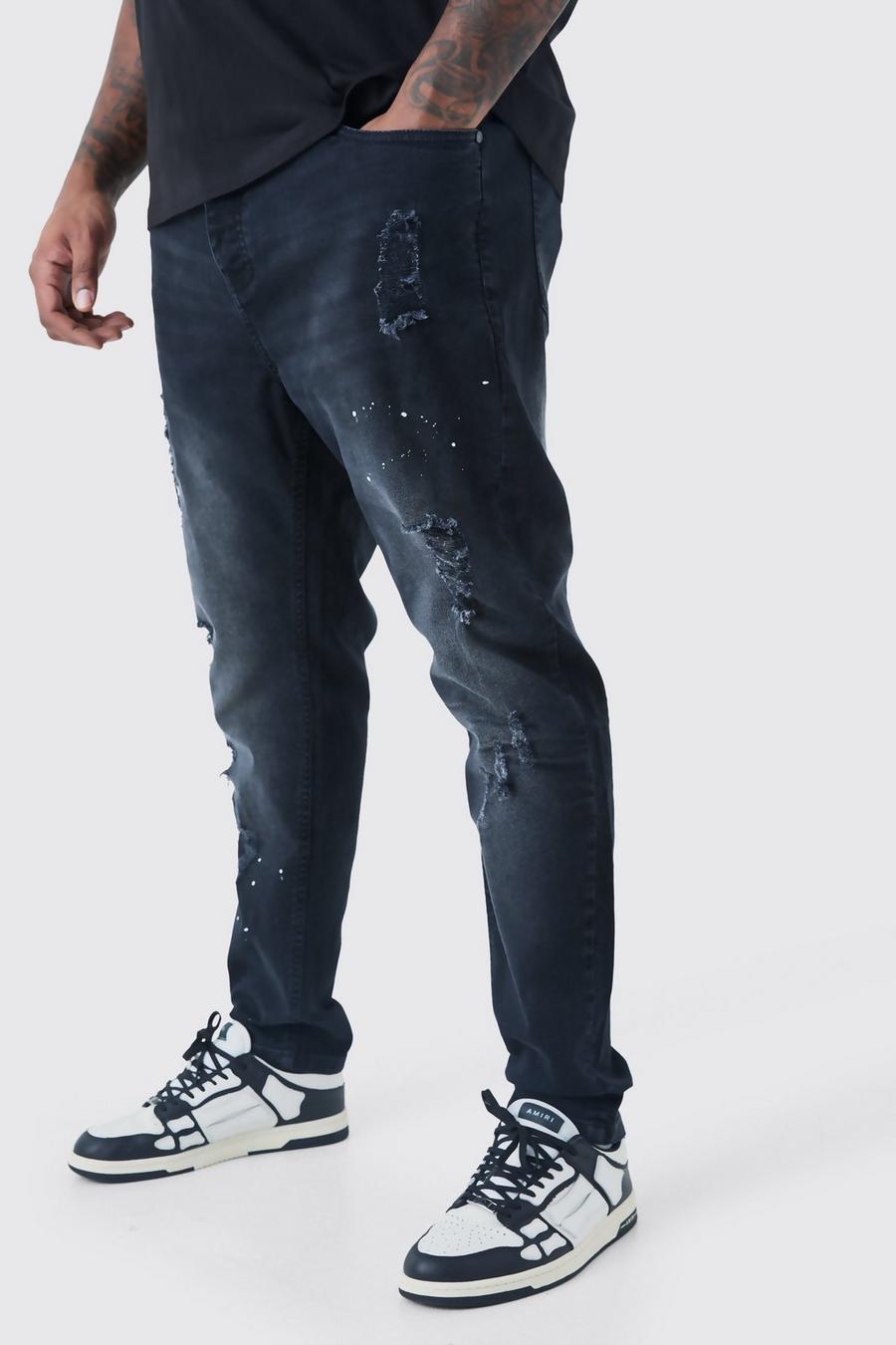 Plus zerrissene Super Skinny Jeans mit Farbspritzern, Washed black image number 1