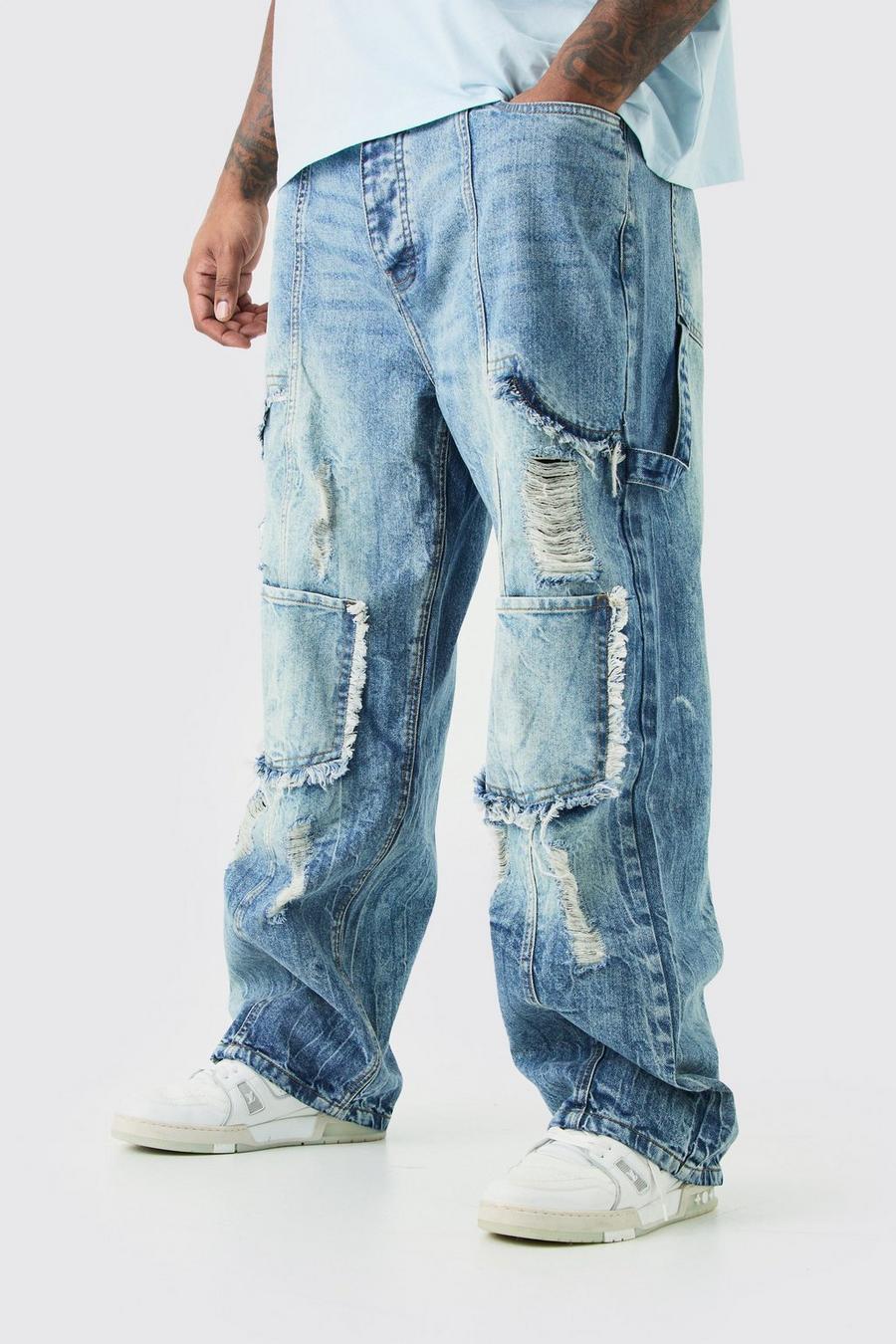 Jeans Cargo Plus Size rilassati in denim rigido con strappi, Antique blue