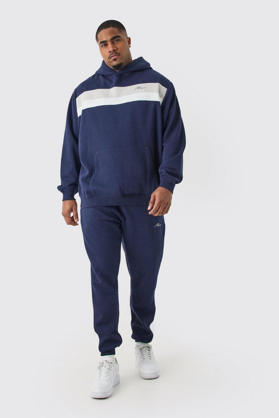 Tuta sportiva Plus Size a blocchi di colore con firma Man e cappuccio, Navy image number 1