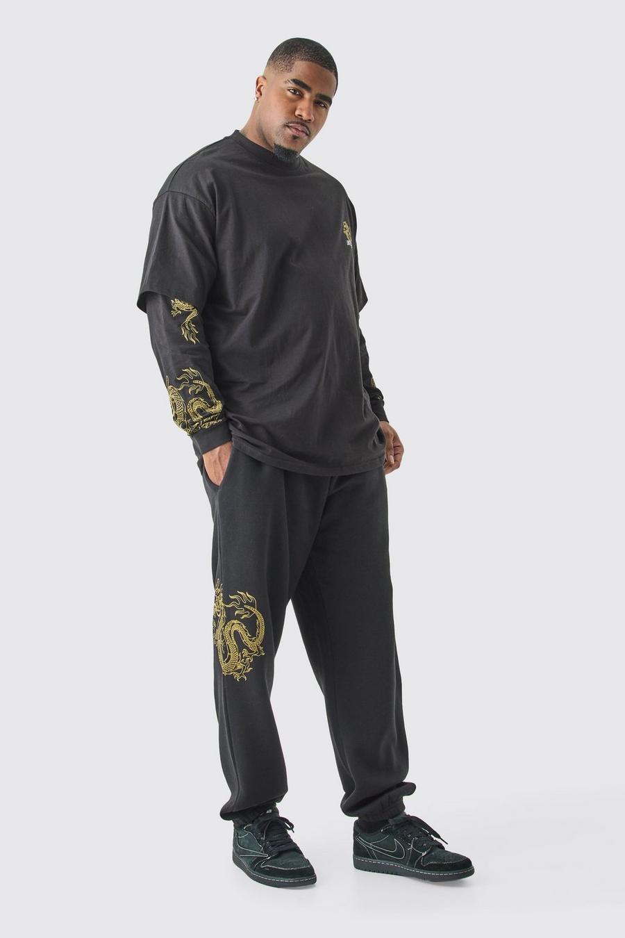 Chándal Plus oversize con camiseta y capa falsa con estampado de dragón, Black image number 1