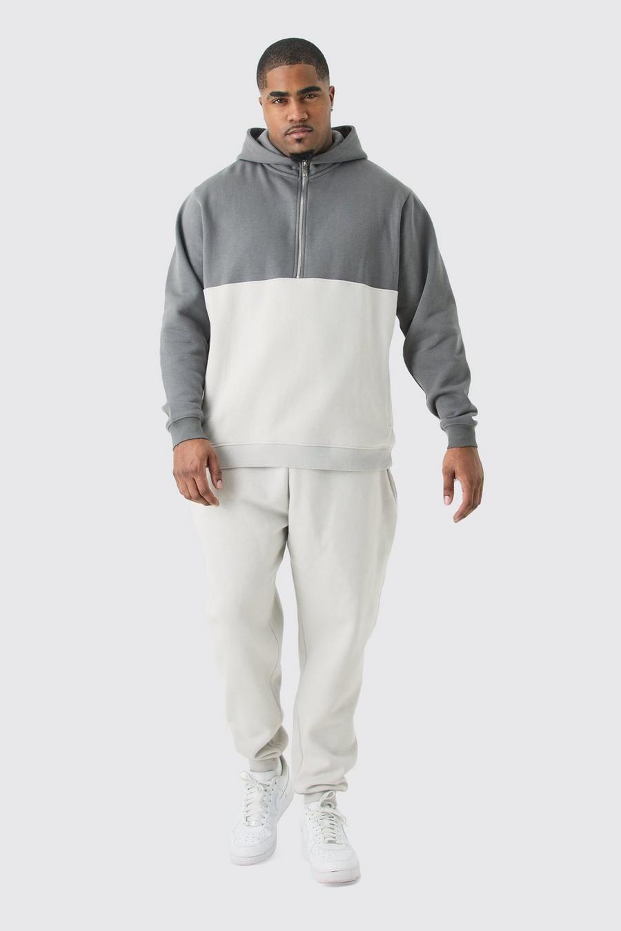 Plus Slim-Fit Colorblock Trainingsanzug mit Reißverschluss, Light grey image number 1