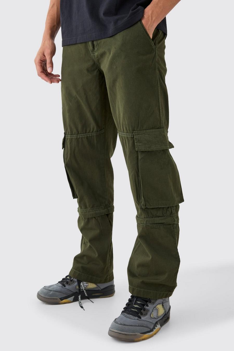 Pantalón holgado cargo 3D con cintura fija y cremallera, Khaki image number 1