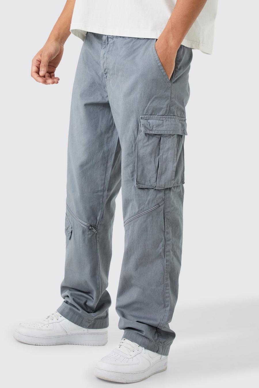 Grey Fixed Waist Diagonal  Zip Off Relaxed Trouser image number 1