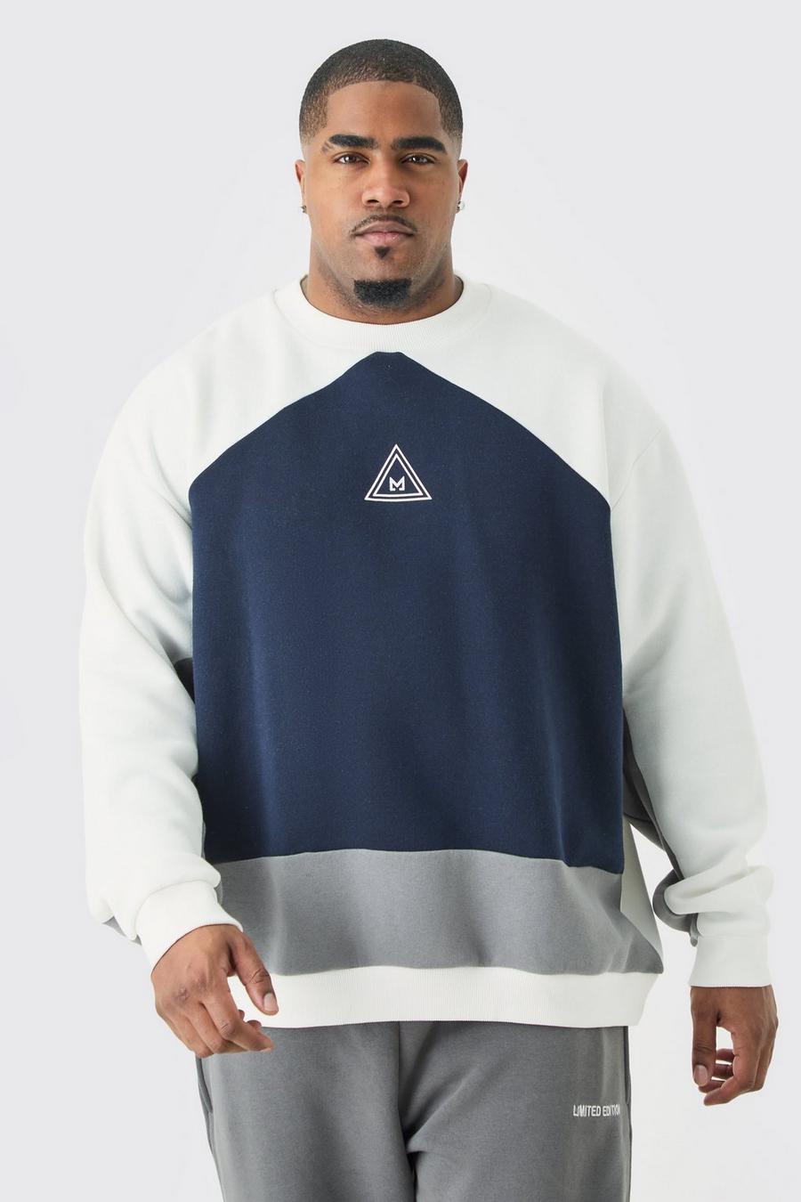 Plus dunkelblaues Oversize Colorblock Sweatshirt mit Logo, Navy image number 1