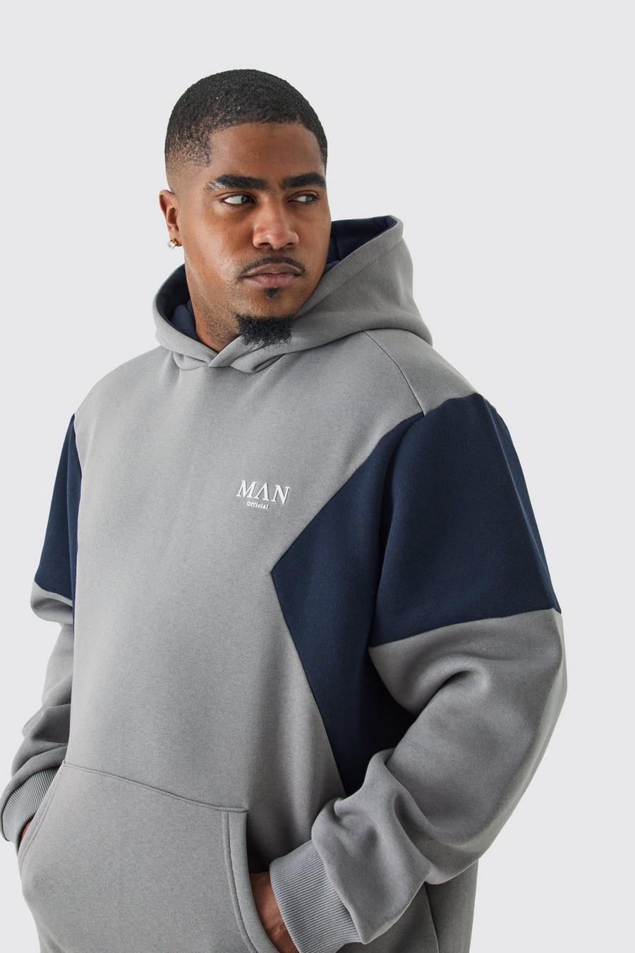 Plus Colour Block Man Roman Panelled Hoodie In Charcoal image number 1