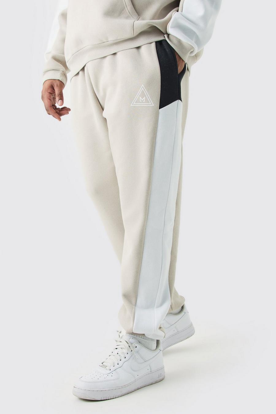 Pantaloni tuta Plus Size a blocchi di colore color pietra con logo, Stone image number 1