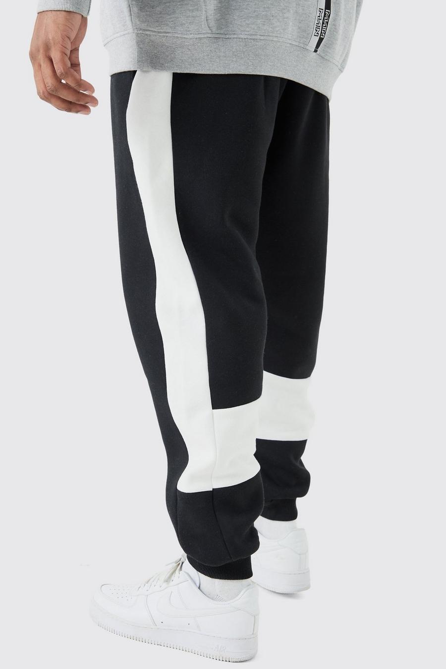 Pantaloni tuta Plus Size Slim Fit neri con pannelli a blocchi di colore, Black image number 1