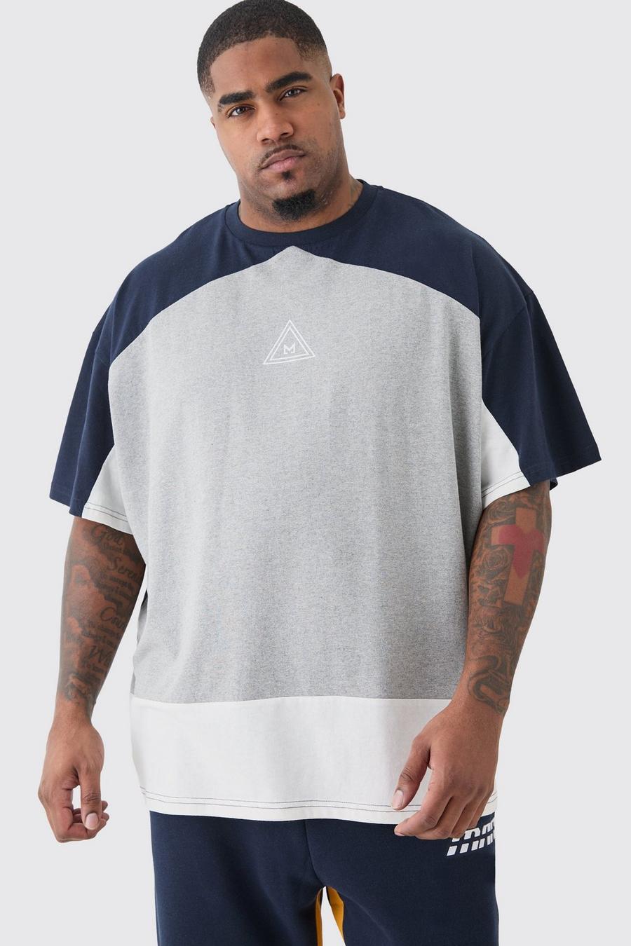 Plus Oversize Colorblock T-Shirt in Grau mit Logo, Grey marl image number 1