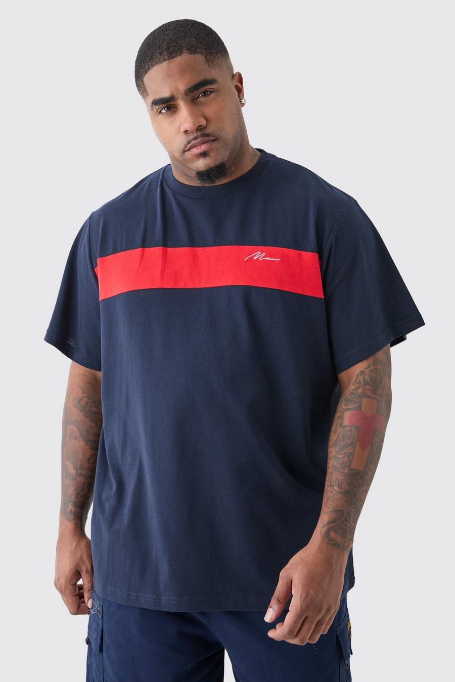 Navy Plus Marineblauwe Regular Fit Color Block Man T-Shirt Met Tekst image number 1