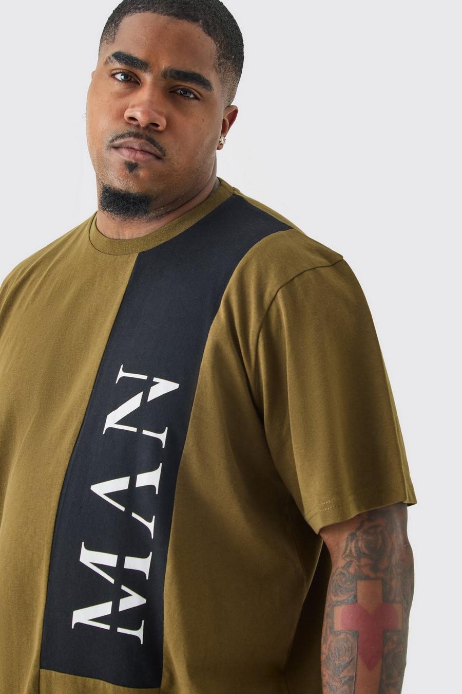 T-shirt Plus Size Man con caratteri romani a blocchi di colore verde oliva, Olive image number 1