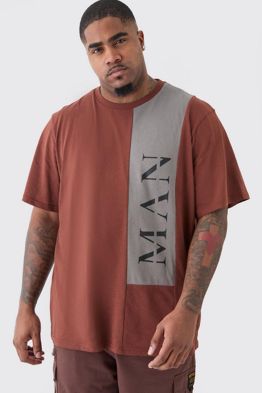 T-shirt Plus Size Man a blocchi di colore con caratteri romani color cioccolato, Chocolate image number 1