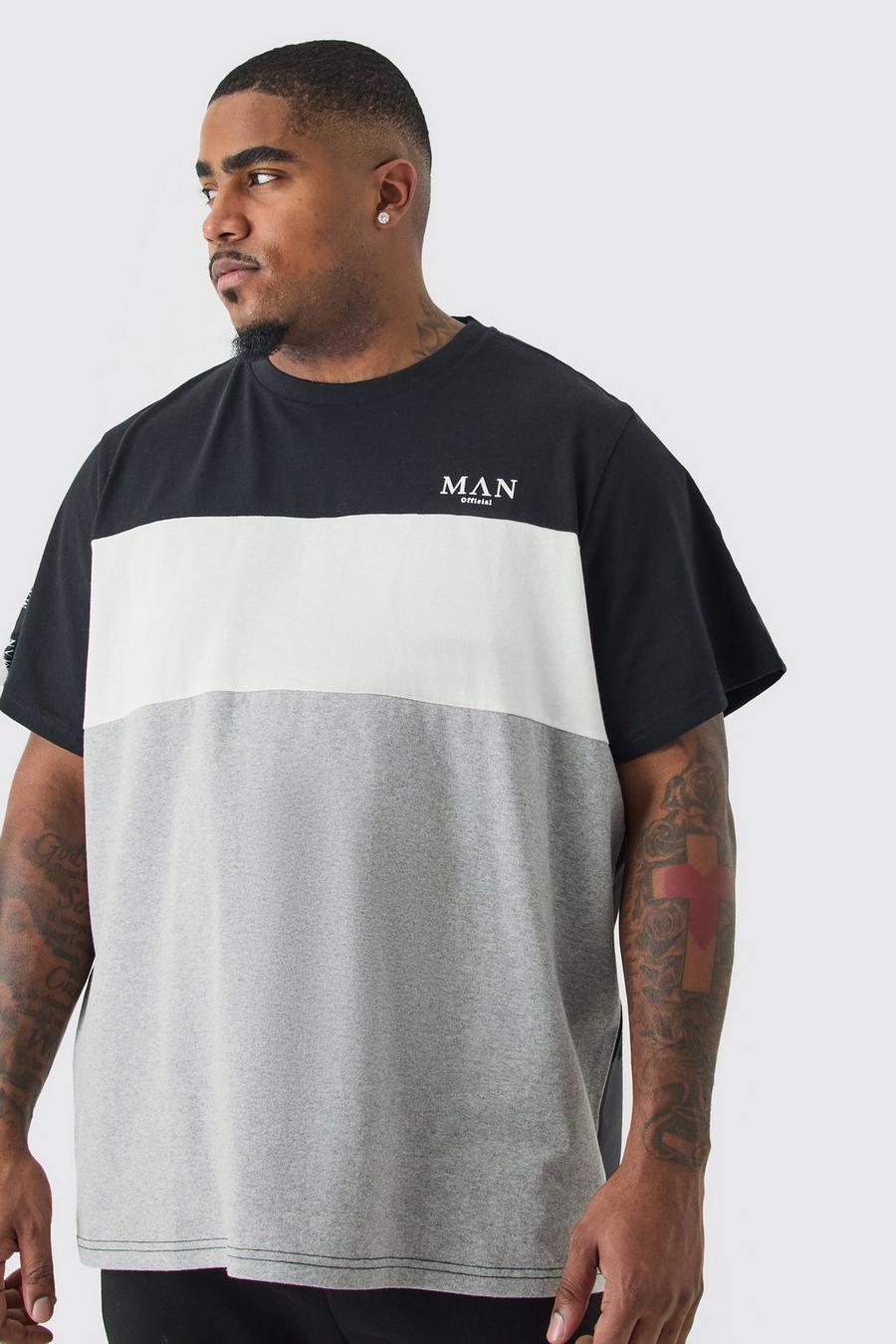 T-shirt Plus Size Man a blocchi di colore con caratteri romani e striscia nera, Black image number 1