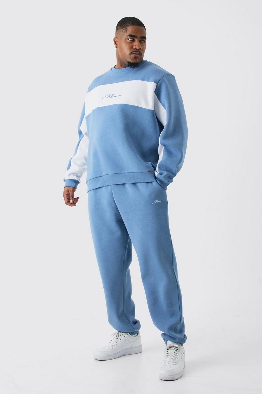 Plus Blauer Colorblock Man Sweatshirt-Trainingsanzug, Blue image number 1