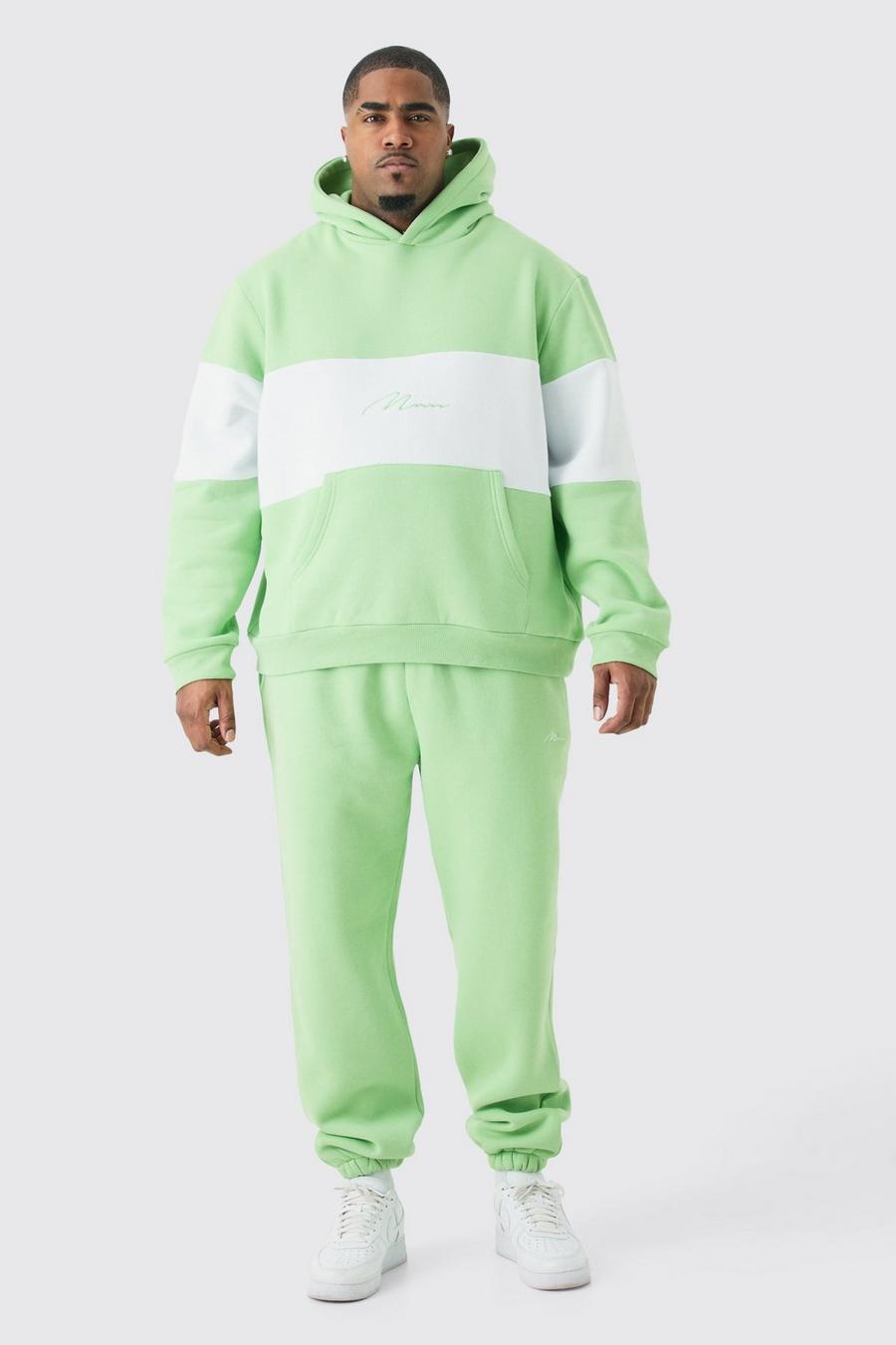 Plus Colour Block Man Hooded Tracksuit In Sage image number 1