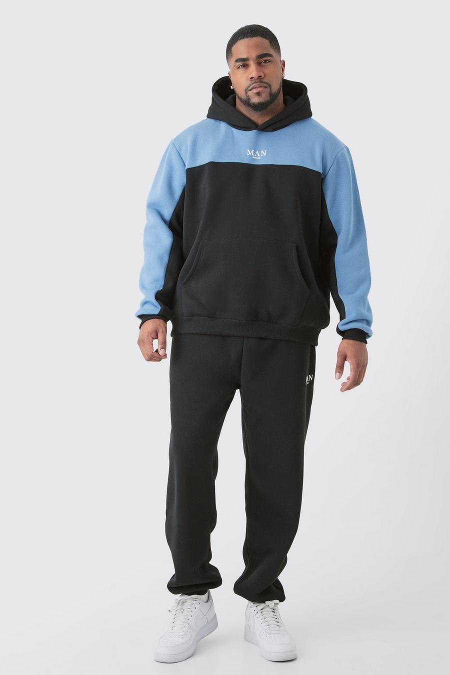 Tuta sportiva Plus Size Man a blocchi di colore blu con cappuccio e caratteri romani, Blue image number 1