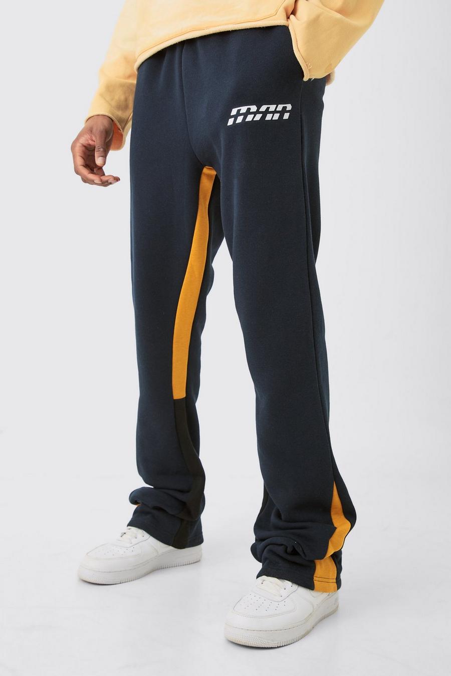 Pantaloni tuta a zampa Tall Slim Fit a blocchi di colore blu navy con inserti e inserti image number 1