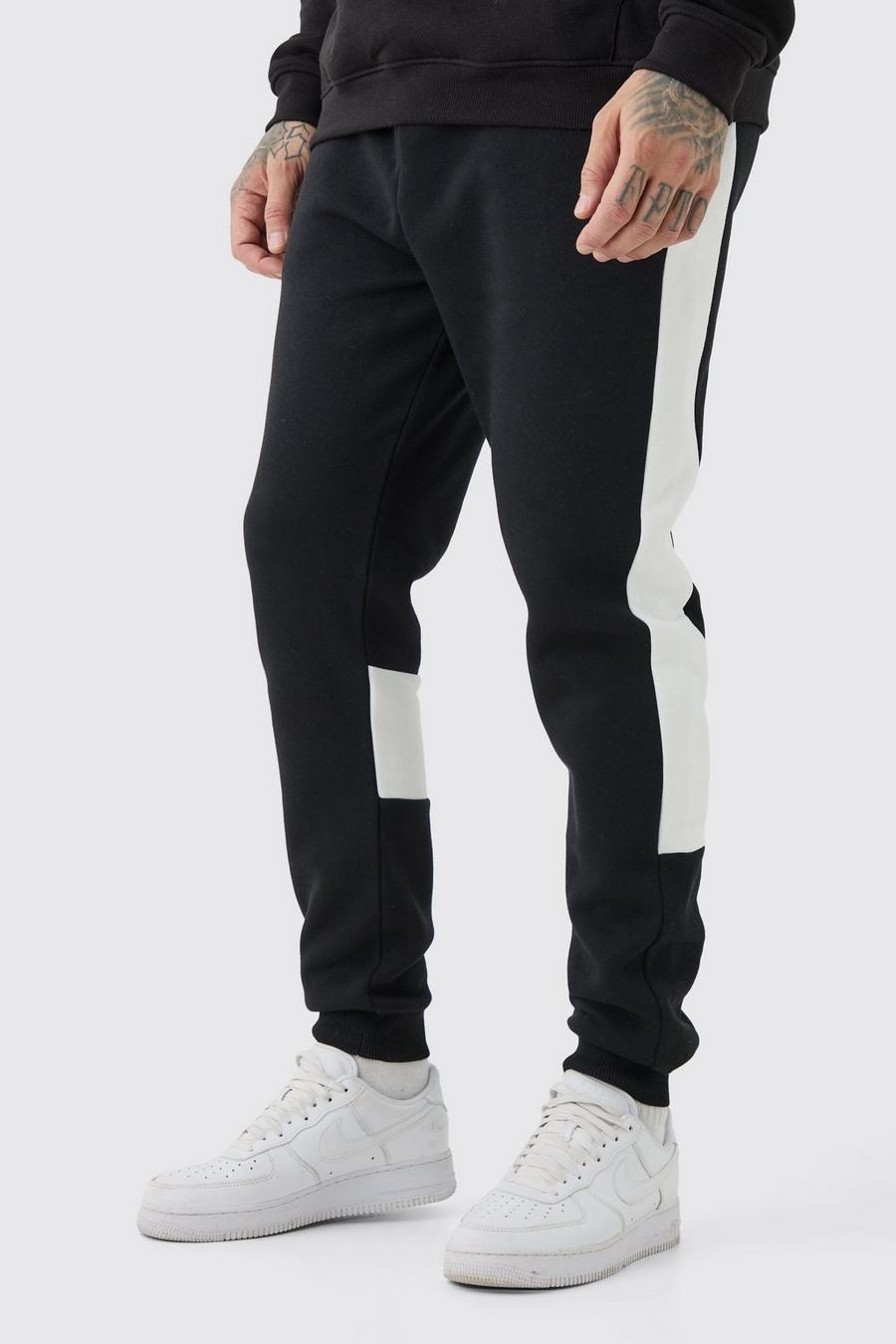 Pantaloni tuta Tall Slim Fit neri con pannelli a blocchi di colore, Black image number 1