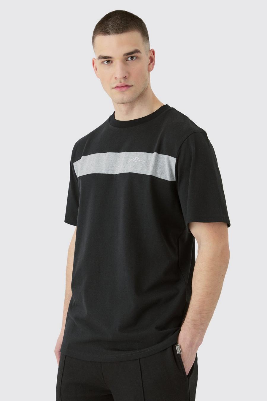 Tall schwarzes Colorblock T-Shirt mit Man-Schriftzug, Black image number 1