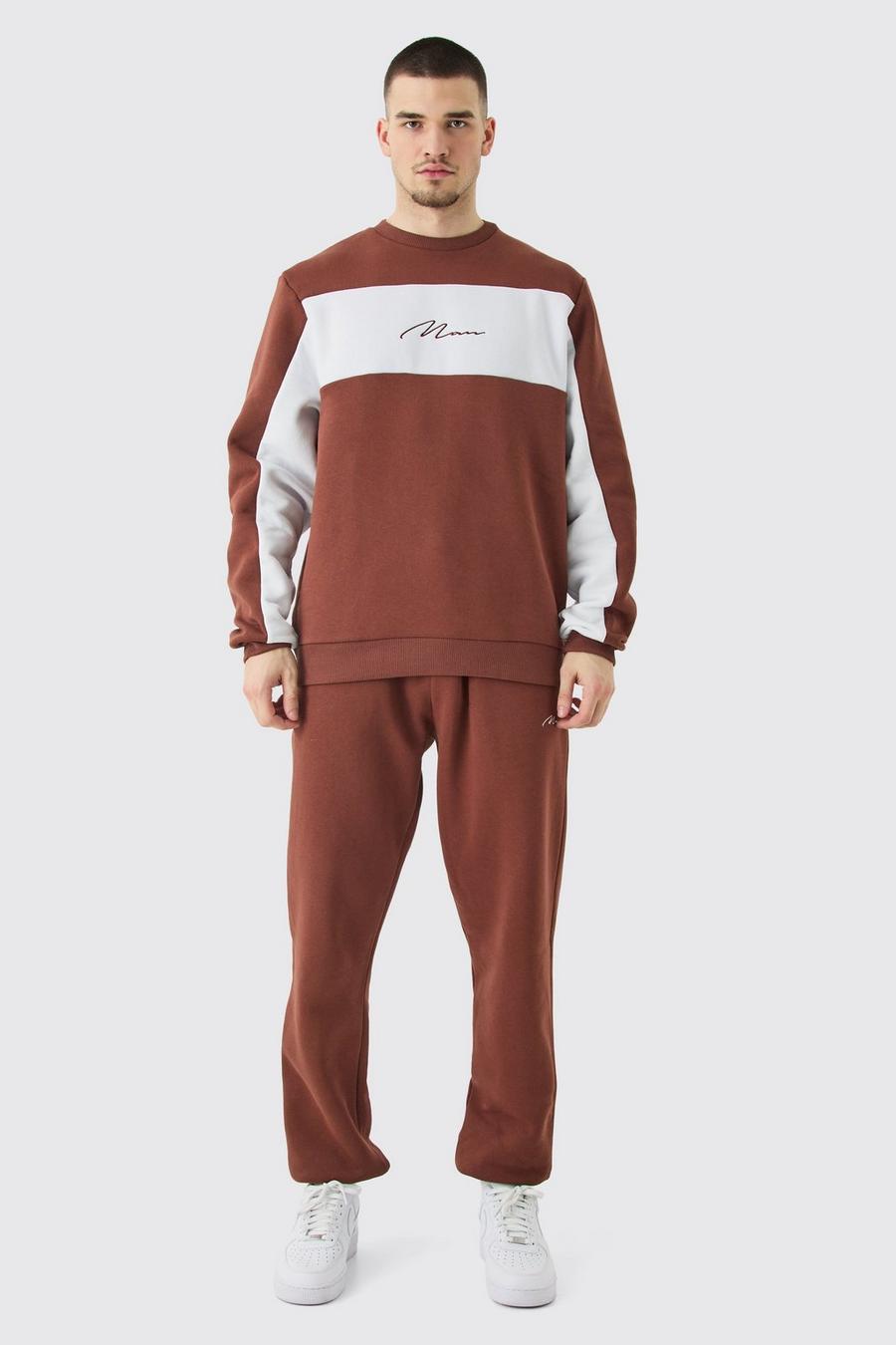 Tall Colour Block Man Sweatshirt Tracksuit In Chocolate image number 1