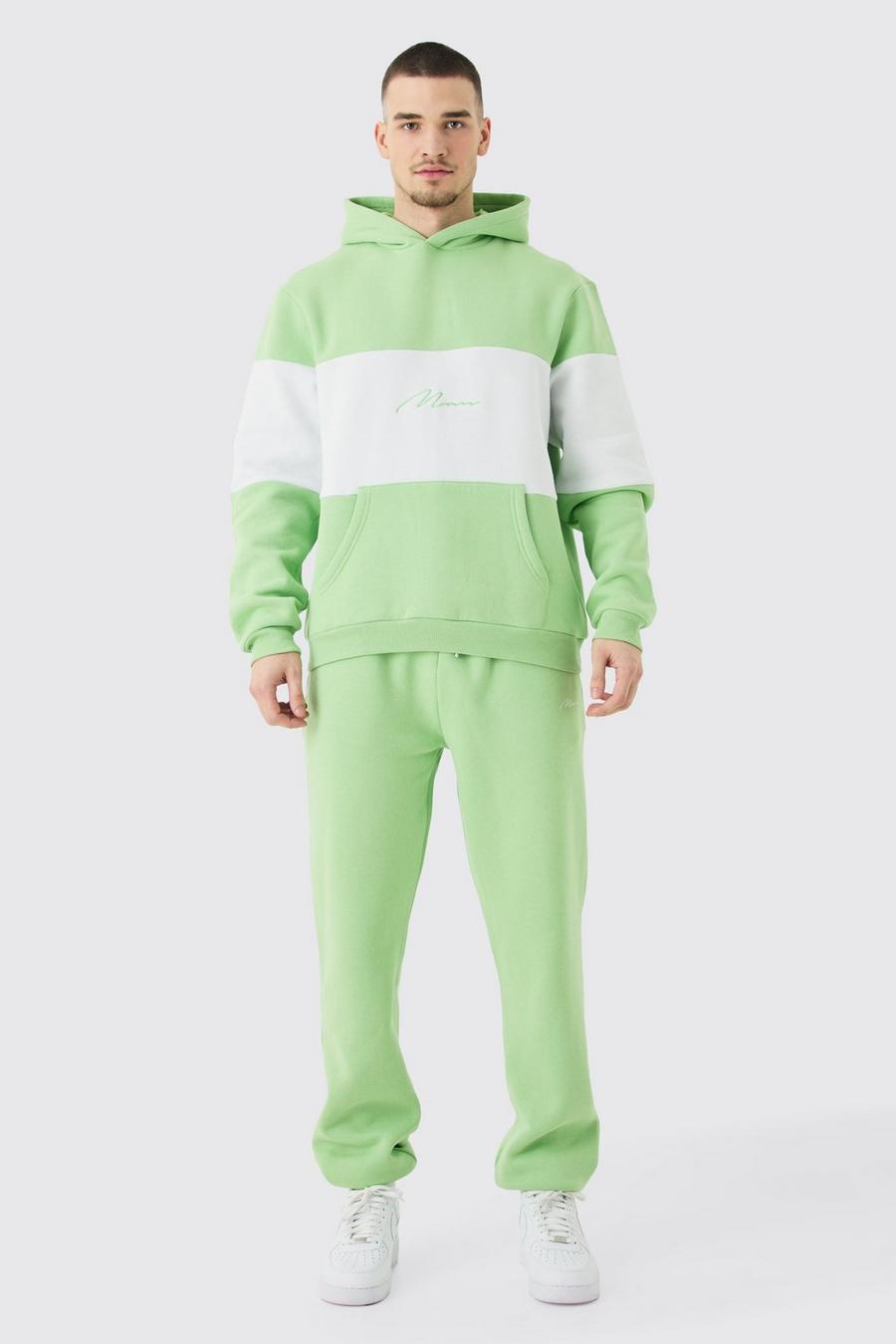 Tall Colour Block Man Hooded Tracksuit In Sage image number 1