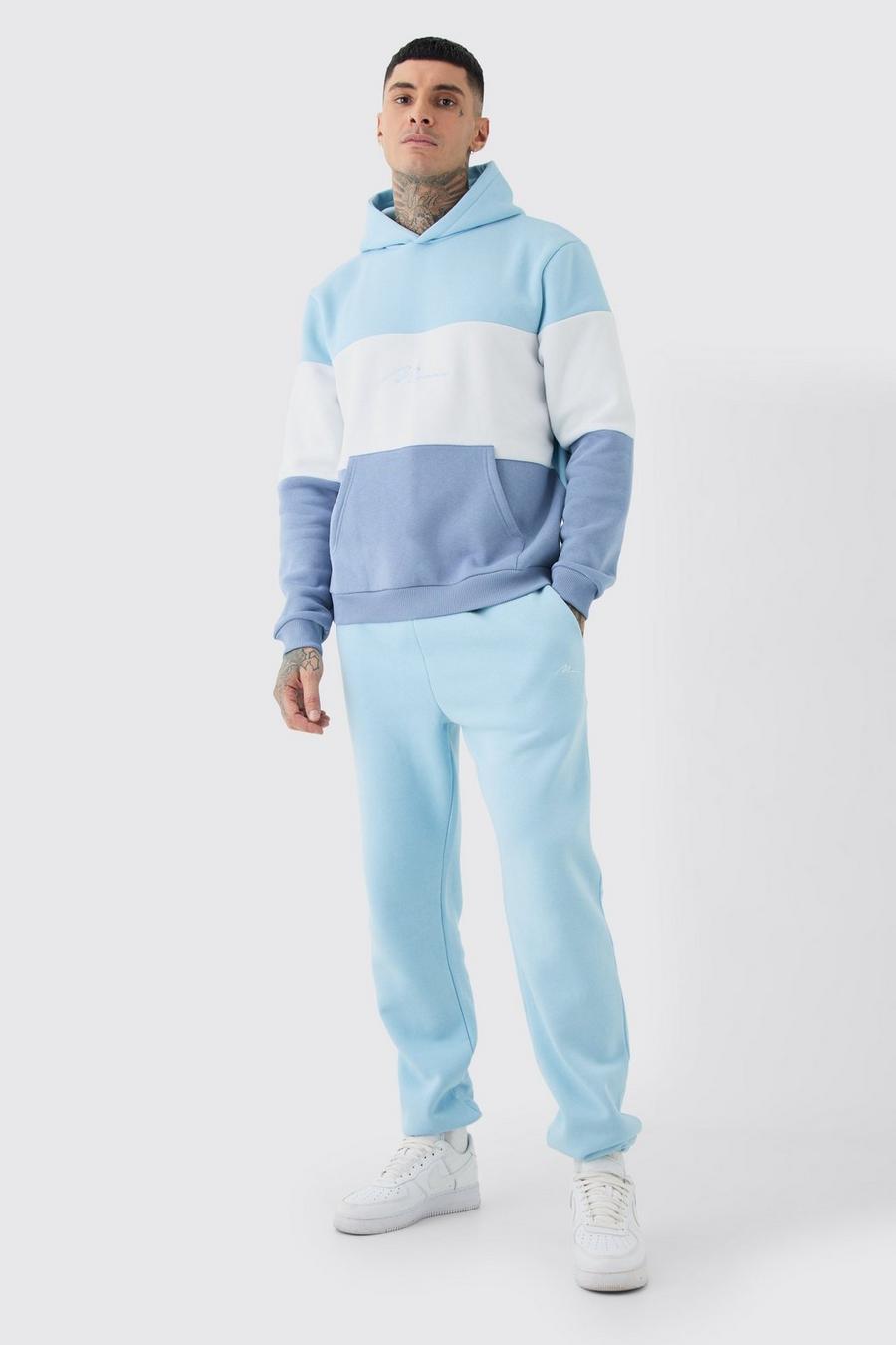 Tall Colour Block Man Hooded Tracksuit In Light Blue image number 1