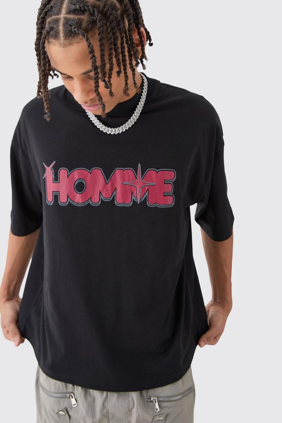 Camiseta oversize recta con estampado Homme de estrella, Black image number 1