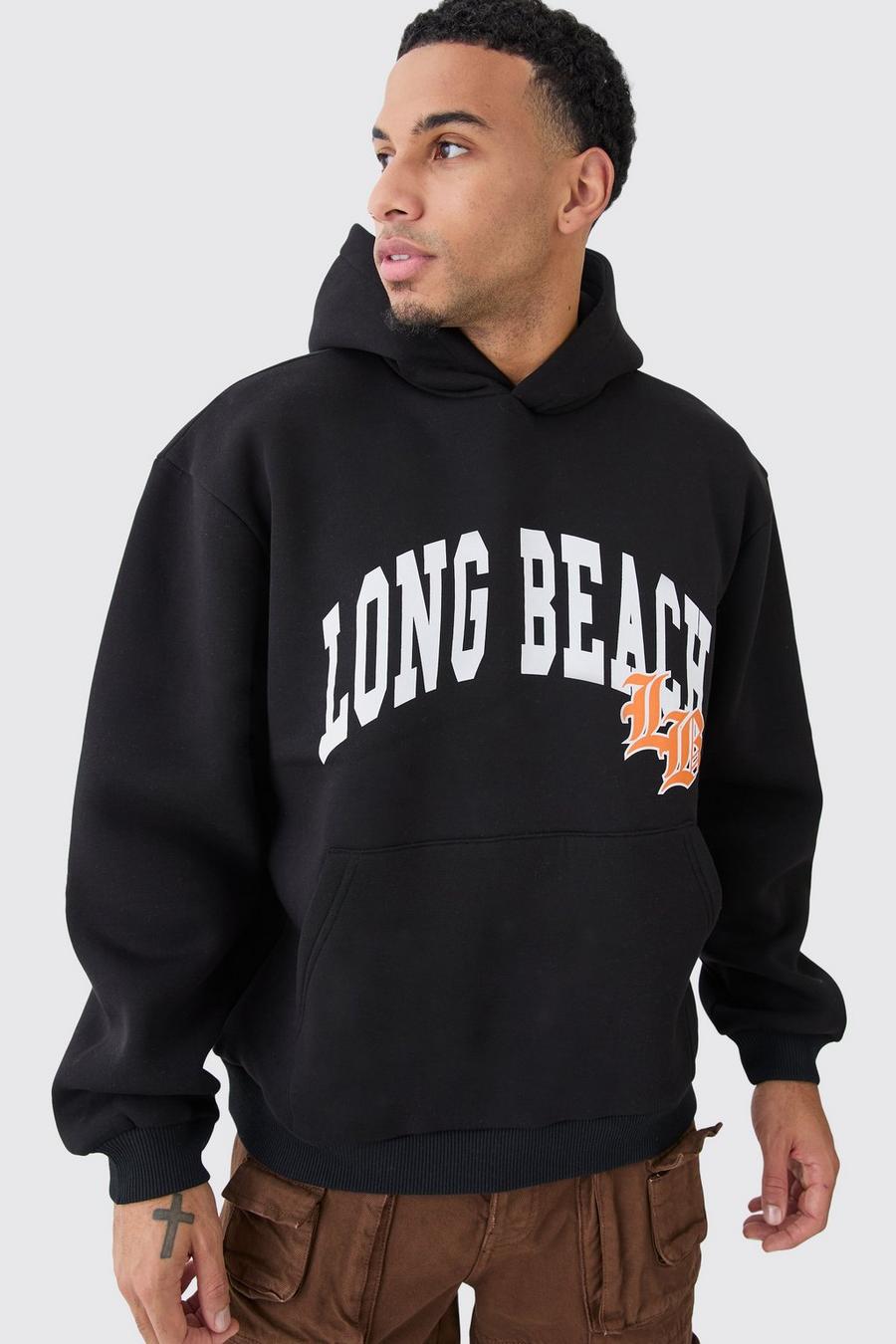 Sweat à capuche oversize universitaire à slogan Long Beach, Black