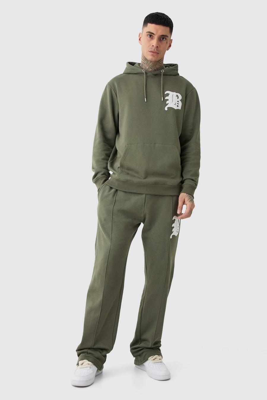 Olive green Tall B Badge Stacked Gusset Hooded Tracksuit