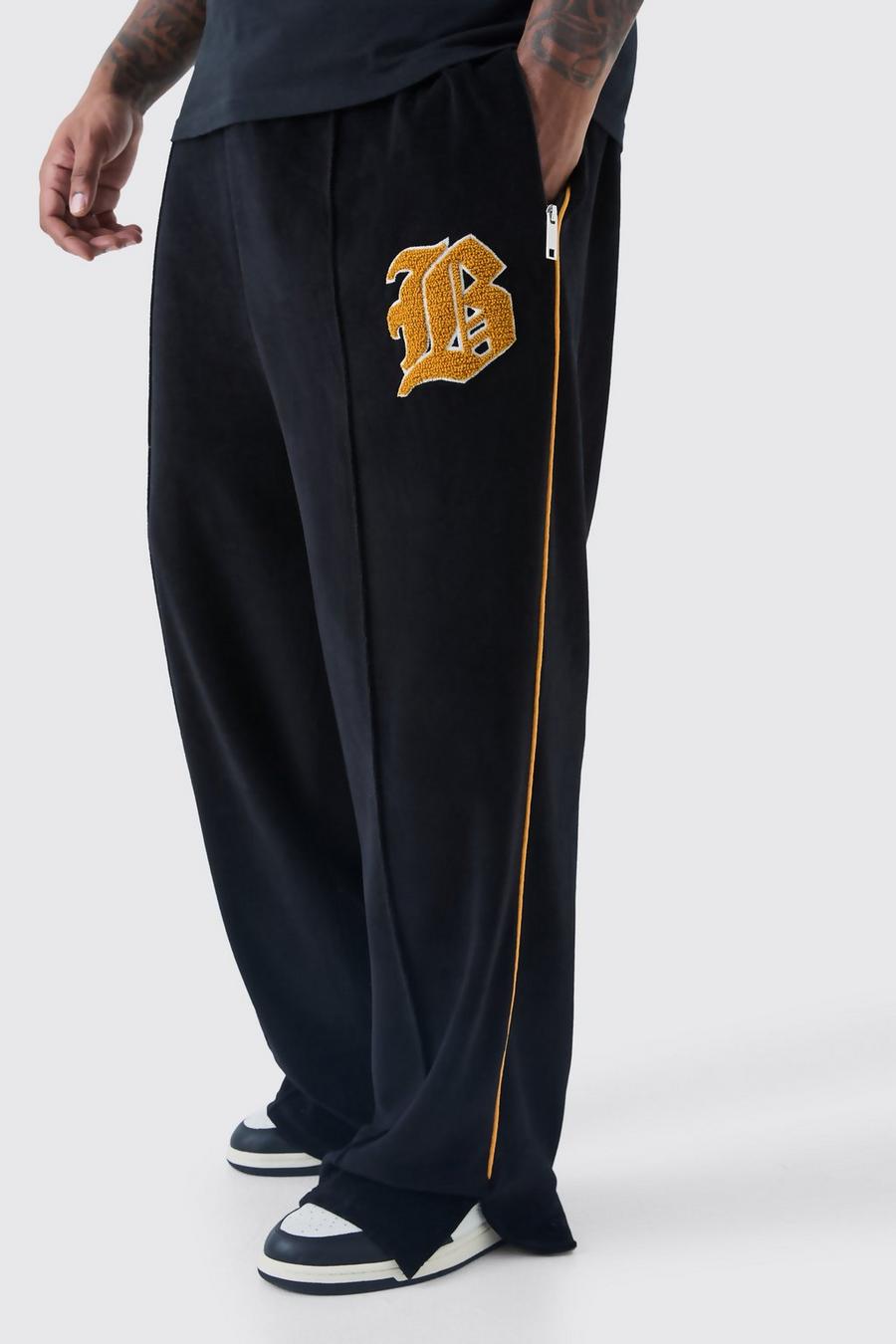 Pantalón deportivo Plus de terciopelo y holgura ancha con estampado universitario, Black image number 1