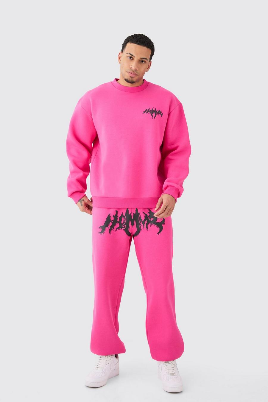 Chándal oversize con sudadera Homme y letras góticas, Pink image number 1