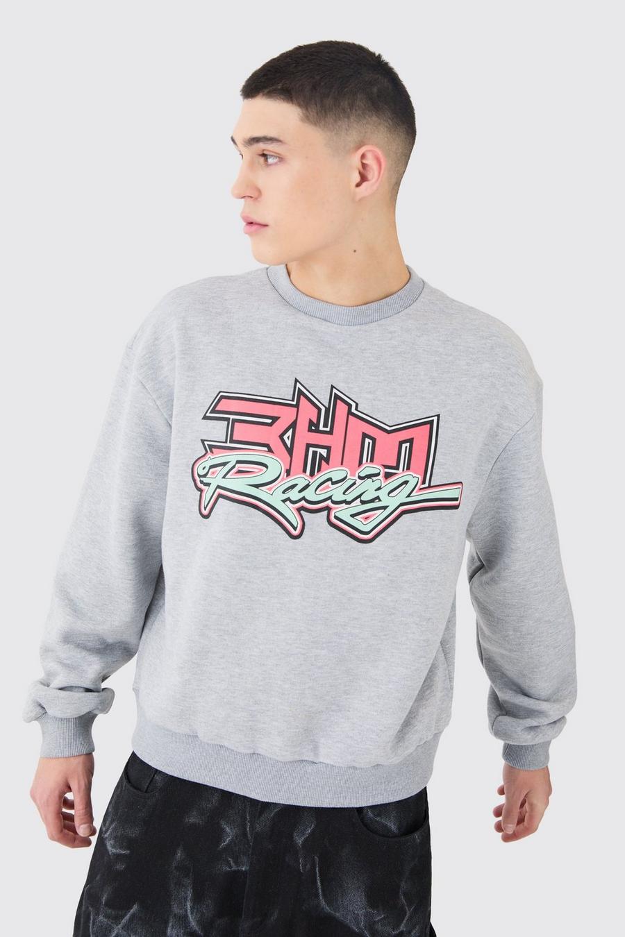Kastiges Oversize Sweatshirt mit Moto Racing Print, Grey marl image number 1
